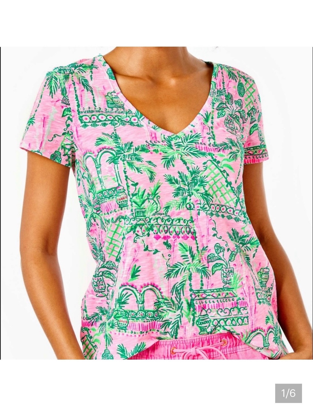 Lilly Pulitzer Pink Etta V-Neck Tropical Print Short Sleeve T-shirt